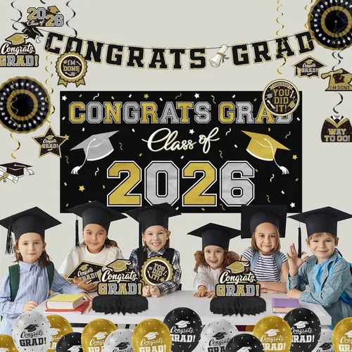 Miniatura 5 de Juego de decoraciones de graduación 2026 con temática negra y dorada, pancarta de felicitaciones, telón de fondo, globos y serpentinas, suministros