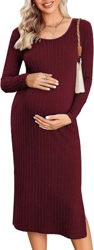 Ekouaer Maternity Dress Rib Knit Long Sleeve Side Slit Bodycon Dresses Pregnancy Baby Shower Clothes S-XXL