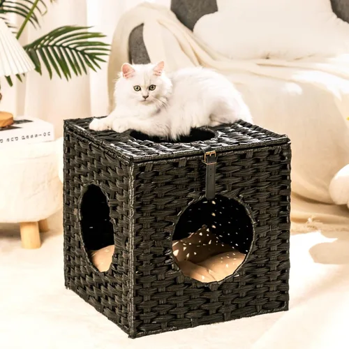 Mewoo Ratten Cat House Condominio con ratán interactivo de bola colgante * 4 juguetes y cojín de algodón, cama cerrada de mimbre para gatos, color