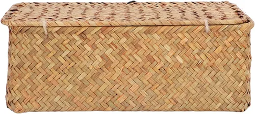 Miniatura 8 de Cesta de almacenamiento de hierba marina natural, cesta rectangular tejida de ratán natural con tapas, organizador de escritorio, cesta decorativa