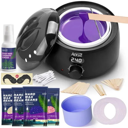 Miniatura 7 de Kit de cera Anruz para mujeres y hombres - Kit de cera para depilación con cuenco de silicona, 4 bolsas de perlas de cera dura y 30 palos - Kit