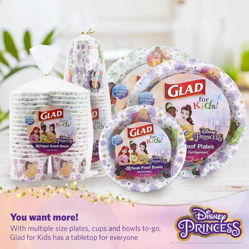 Miniatura 6 de Glad para Niños Cuencos de Papel Desechables de Princesa Disney, Tapas No Incluidas, Marcos Florales - Resistentes, Aptos para Microondas, Vasos