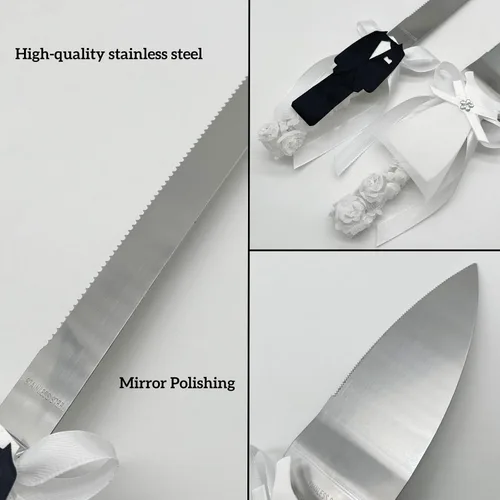 Miniatura 3 de Juego de cuchillo y servidor para pastel de boda, diseño de vestido de novia y novio, juego de cortador de pastel de acero inoxidable, regalos
