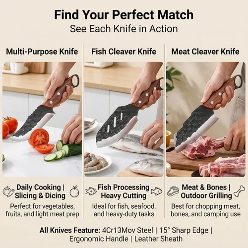 Miniatura 8 de KOFERY Cuchillo de carnicero serbio forjado a mano con espiga completa martillado de acero 4Cr13MoV para cocina, campamento y barbacoa Cuchillo