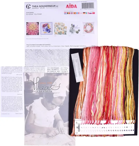 Miniatura 3 de Thea Gouverneur - Kit de punto de cruz con conteo - Dalia - Aida Black - 18 unidades - Kit de bordado para adultos - Hilos de bordado DMC y otros