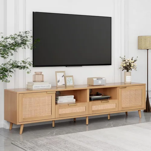 Miniatura 27 de JIVOIT Moderno soporte de TV de ratán para televisores de hasta 80 pulgadas, mesa consola inspirada en ratán con 3 gabinetes y 2 cajones, armario