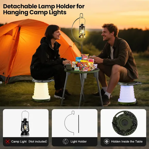 Miniatura 5 de Juego de mesa de camping LED con taburetes, capacidad de 300 libras, altura ajustable, mesa plegable y sillas, diseño compacto todo en uno para Negro