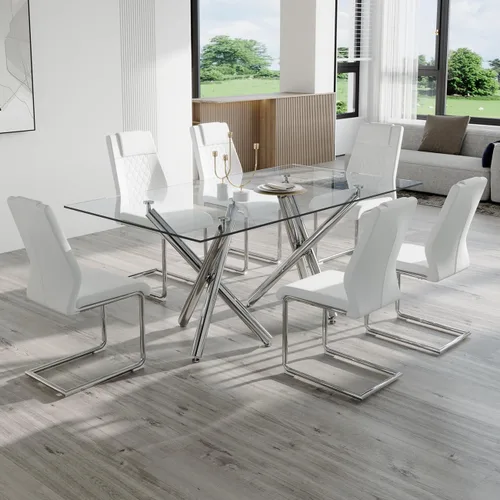 Miniatura 9 de Ebullient Moderno juego de mesa de comedor para 6, mesa de comedor de cristal de 71 pulgadas y patas de mesa de metal dorado, mesas de comedor