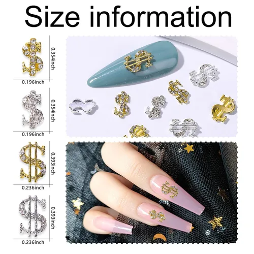 Miniatura 2 de 20 dijes de aleación de dinero para uñas, 3D, plata y oro, con diamantes de imitación de signo de dólar, arte de uñas, brillantes, diseño de uñas