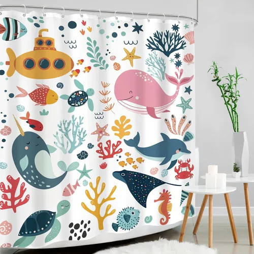 Miniatura 3 de Cortina de ducha para niños, océano, verano, linda ballena de dibujos animados, divertida decoración de baño para guardería, niños y niñas