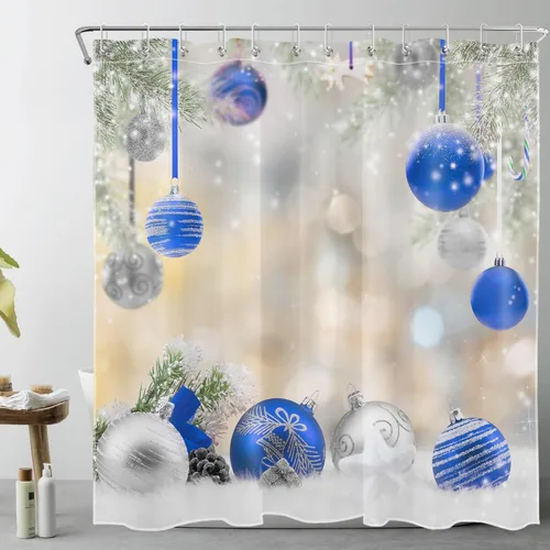 Miniatura 10 de LB Winter Christmas Shower Curtain Sets with Rugs Silver and Light Blue Xmas Ball in Winter Snow Scene Fabric Shower Curtain with Hooks New Year
