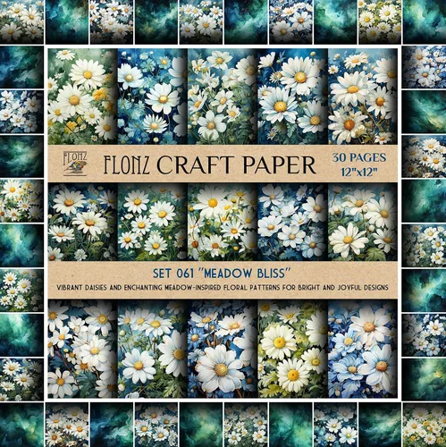 Papel para álbum de recortes (30 páginas 30 x 30 cm) Meadow Bliss: margaritas vibrantes y encantadores patrones florales inspirados en prados para