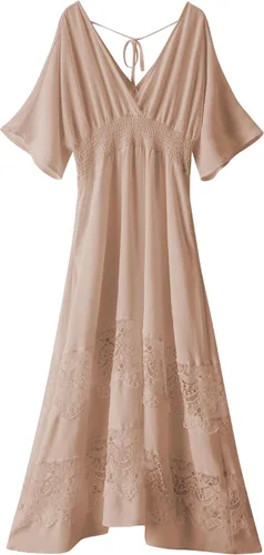 Miniatura 83 de Vestido largo de encaje para mujer de manga corta y cuello en V, vestido de fiesta estilo bohemio con cintura fruncida, vestido bohemio para mujer