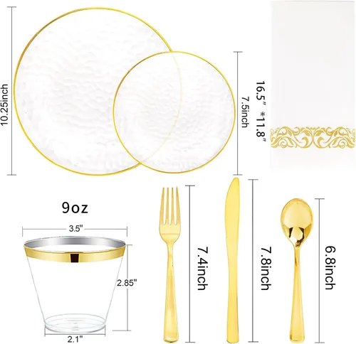 Miniatura 9 de DaYammi Juego de vajilla de plástico dorado transparente de 175 piezas, platos de plástico desechables martillados desechables para fiestas