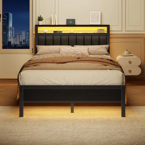 Miniatura 5 de Furnulem - Base de cama tamaño matrimonial con estación de carga y luces LED, plataforma con listones de metal, cabecera tapizada gris con estantes