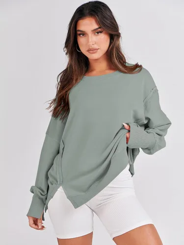 Miniatura 3 de ANRABESS Sudadera de gran tamaño para mujer, cuello redondo, manga larga, casual, con abertura, sin botones, ropa de otoño