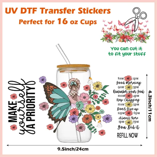 Miniatura 2 de Envolturas de vasos UV DTF para vasos de vidrio de 16 onzas, 10 hojas de transferencias frotables para manualidades, calcomanías adhesivas