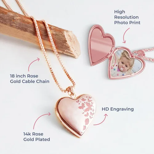 Miniatura 3 de Collar con medallón de fotos de corazón chapado en oro rosa de 34 pulgadas x 34 pulgadas incluye cadena de 18 pulgadas collares personalizados