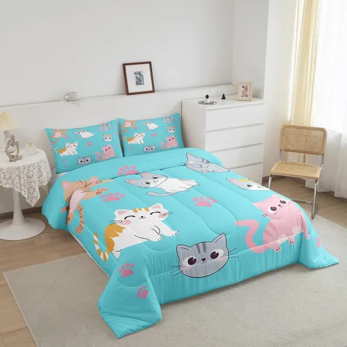 Miniatura 43 de Erosebridal Juego de ropa de cama para niños, tamaño individual, diseño de gatos de dibujos animados, para niñas, niños y adolescentes, edredón
