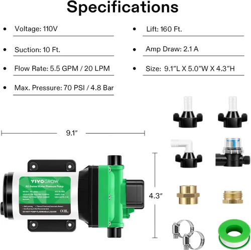 Miniatura 7 de VIVOGROW Bomba de presión de agua, bomba de agua de diafragma de 110 V, 5.5 GPM, 70 PSI, incluye adaptadores de manguera de jardín de 1/2 y 3/4