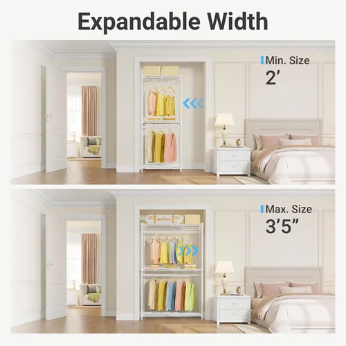 Miniatura 2 de VIPEK X1 Perchero de Ropa Extensible Uso Pesado Ajustable de 2' a 3'5" con Estantes Flexibles y Barras Colgadoras Percheros de Metal para Ropa Blanco
