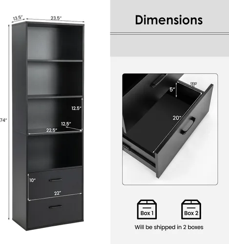 Miniatura 3 de LOKO Estantería de 74 pulgadas de alto, gabinete de almacenamiento alto moderno de 6 niveles con 2 cajones y 4 estantes abiertos, estantería de Negro