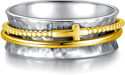 Miniatura 2 de Anillo de cruz para mujer, plata de ley 925, anillos giratorios de banda ancha martillada