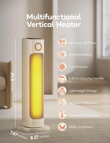 Miniatura 2 de Calentador de espacio de 25 pulgadas, calentadores eléctricos de 1500 W para uso en interiores, temporizador de 15 horas, oscilación de 80°, 6