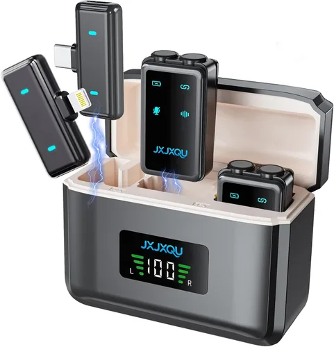 Micrófono Lavalier inalámbrico para iPhone: micrófono JXJXQU con reducción de ruido inteligente, efecto de reverberación, batería de 30 H+, diseño