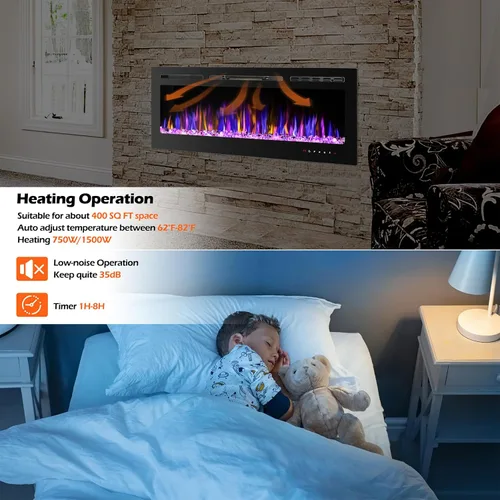 Miniatura 5 de BETELNUT Chimenea eléctrica de 50 pulgadas montada en la pared y empotrada con control remoto, calentador de chimenea de pared ultrafino de 750/1500
