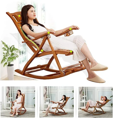 Miniatura 2 de Mecedora de bambú plegable de jardín para tumbonas de ancianos, silla de terraza con cojín, estable y ergonómica de madera, silla de jardín