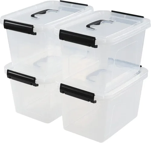 Miniatura 8 de Paquete de 4 cajas de almacenamiento de plástico de 10 L, caja de almacenamiento transparente con tapa Secure Side Buckle Latches, Dustproof Lid