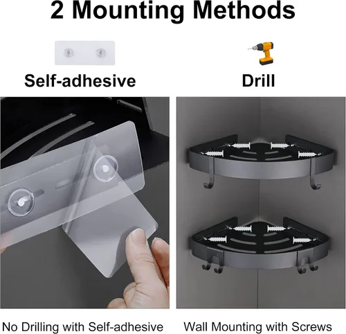 Miniatura 4 de DUFU Organizador de ducha adhesivo de esquina con ganchos, organizador de ducha de baño, no perforación, estante de ducha de aluminio a prueba