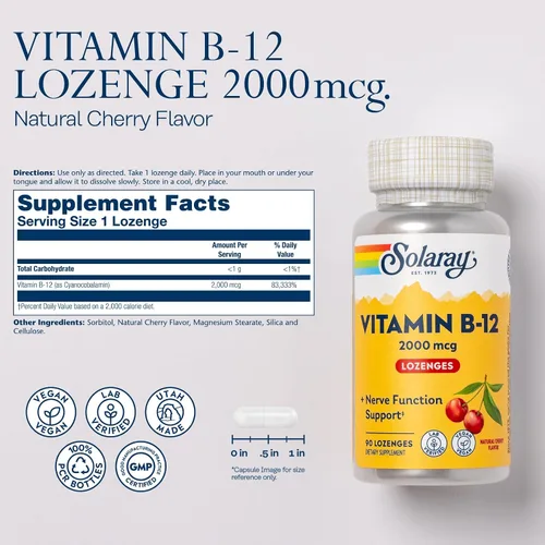 Miniatura 2 de SOLARAY Pastillas de vitamina B12 de 2000 mcg, sin azúcar, sabor a cereza natural, vitamina B 12 suplemento para la función nerviosa, energía