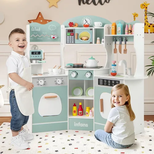 Miniatura 2 de INFANS Juego de cocina esquinera para niños, juego de cocina de madera para niños pequeños con luces, sonidos, máquina de café, lavadora, gabinete
