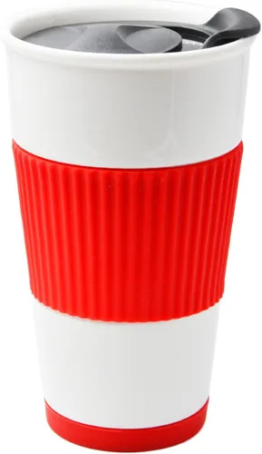 Miniatura 7 de Taza de café de viaje de cerámica de doble pared aislada con tapa deslizante, funda de silicona y portavasos incorporado, 10 fl.oz (Azul)