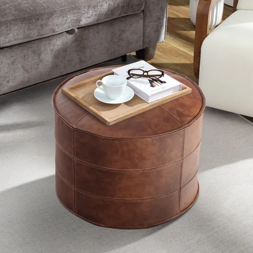 Miniatura 11 de Otomano Redondo de Cuero, Otomano Relleno Hecho a Mano, Puf de Cuero Genuino, Puf Reposapiés, Asiento Cómodo y Suave para Sala de Estar y Dormitorio
