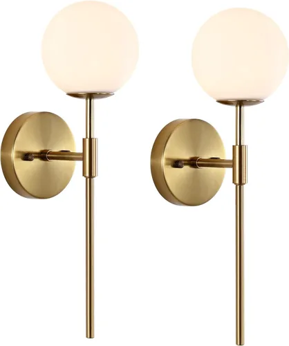 BYOLIIMA Juego de 2 apliques de pared dorados con pantallas de globo de vidrio blanco, lámpara de pared moderna de mediados de siglo para tocador de