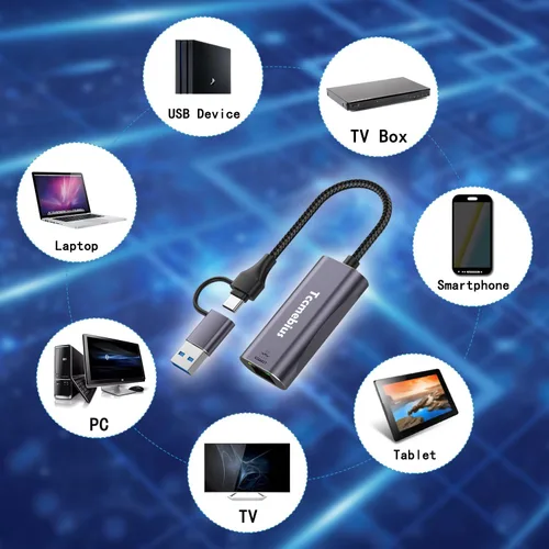 Miniatura 5 de Adaptador Ethernet USB, 2 en 1 USB C/USB 3.0 a RJ45 1000Mbps Gigabit Ethernet Adaptador de red LAN para MacBook Pro/Air, iPad Pro, iPhone15/15Pro