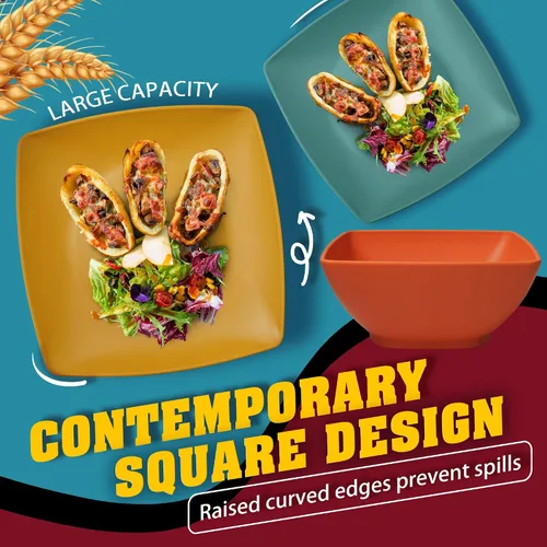 Miniatura 5 de Teivio Juego de vajilla cuadrada de paja de trigo de plástico de 16 piezas para 4, platos de cena irrompibles, platos de ensalada, cuencos