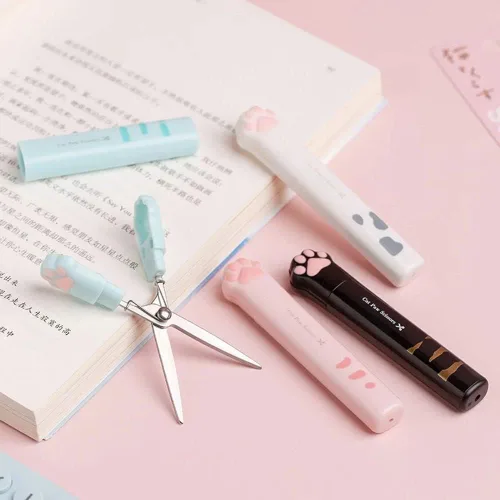 Miniatura 3 de Tijeras multiusos, mini tijeras de mano portátiles Kawaii Cat Paw Tijeras de artesanía Tijeras plegables de papelería con cubierta de seguridad
