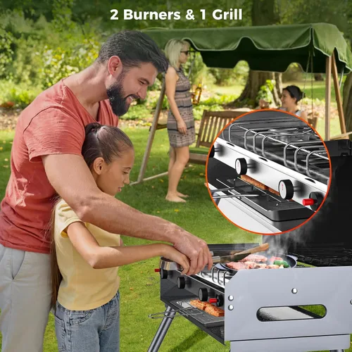 Miniatura 5 de CAMPLUX - Estufa de campamento de propano con 2 quemadores y 1 parrilla, 15,000 BTU portátil, para exteriores, con patas de pie, estufa de gas
