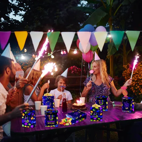 Miniatura 7 de XJLANTTE Bolsas de regalo de fiesta de neón brillante, 20 bolsas de regalo de neón con calcomanías, bolsa de papel de color fluorescente