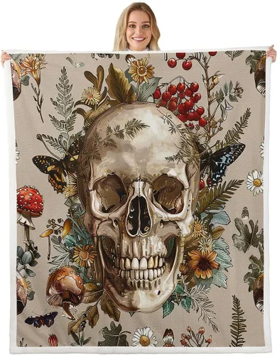 Manfei Manta gótica de calavera y mariposa, libélula y polilla, para niños y niñas, manta de cama con hojas de flores y hongos para sofá, manta de