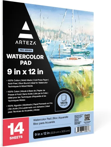 Miniatura 4 de ARTEZA Papel de acuarela, 14 hojas, papel de color de agua de 9 x 12 pulgadas, 140 lb/300 gsm, 100% algodón, prensa en frío, papel de arte sin ácido