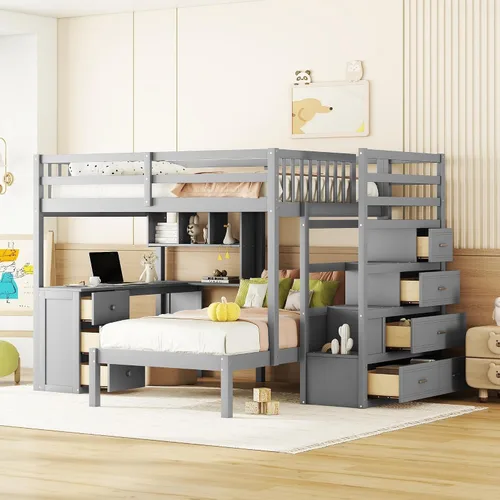 RUNNA Litera matrimonial sobre individual con escritorio, cajones y escaleras, litera de madera maciza para niños, niñas, adolescentes y adultos