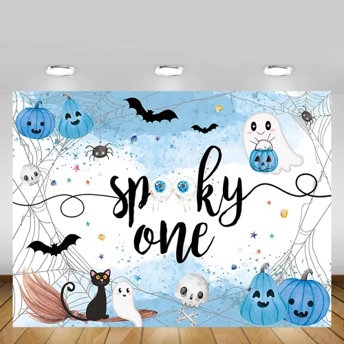 Miniatura 5 de MEHOFOND Fondo espeluznante de Halloween de 7 x 5 pies, fondo azul acuarela Little Boo Baby Shower para niños, telaraña de murciélago, calabaza