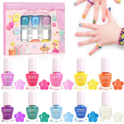 Juego de esmaltes de uñas con purpurina para niños, 10 colores brillantes, no tóxicos, a base de agua, de secado rápido, para fiestas de niños y