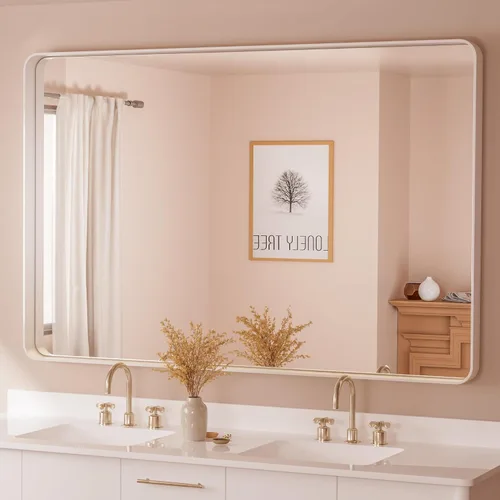 Miniatura 106 de TETOTE Espejo de marco dorado cepillado de 16 x 24 pulgadas, espejo de tocador de baño de latón dorado para pared, espejo enmarcado rectangular