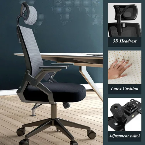 Miniatura 3 de Silla de oficina ergonómica de malla, silla de escritorio ejecutiva de computadora con respaldo alto con reposacabezas y reposabrazos abatibles